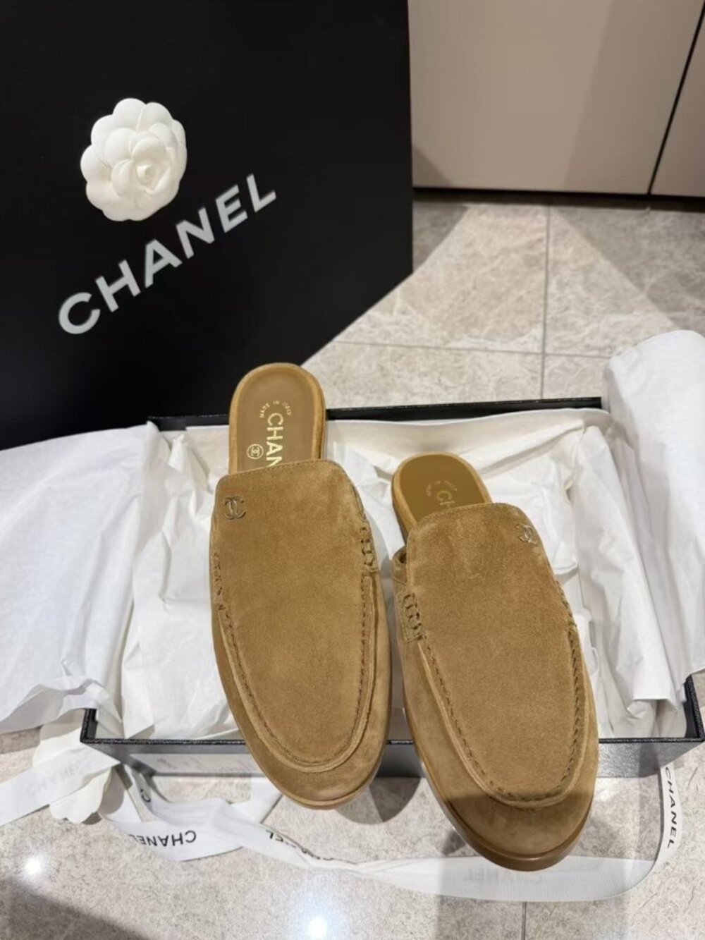 Chanel Tan Suede CC Logo Mule Loafers